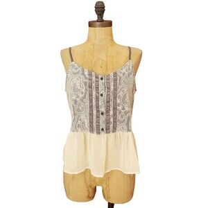 Arizona Jeans Peplum Cami Top Size S Lace Velvet Inset Buttons Gray Ivory NWT A3